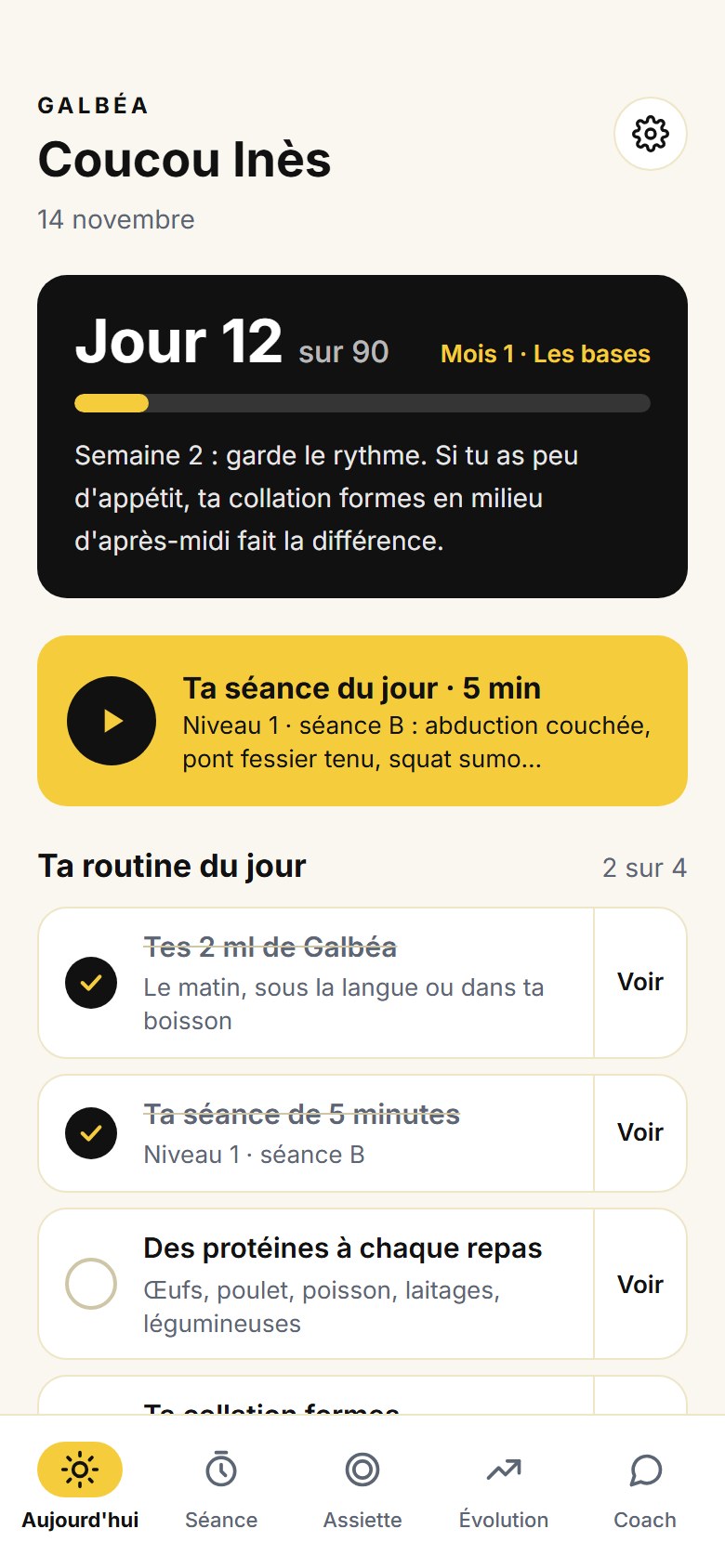Écran Aujourd'hui de l'app Galbéa Image