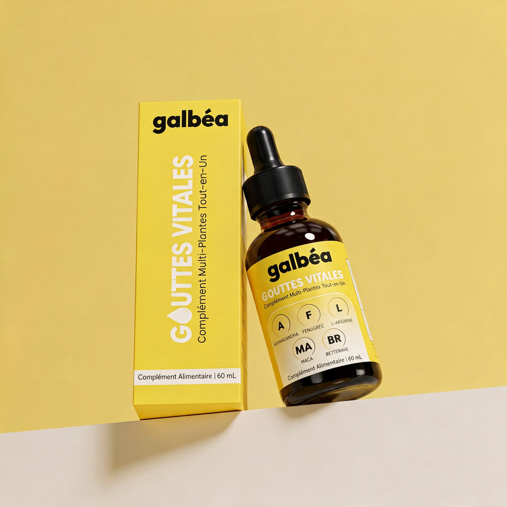 Flacon et boîte Galbéa sur fond jaune